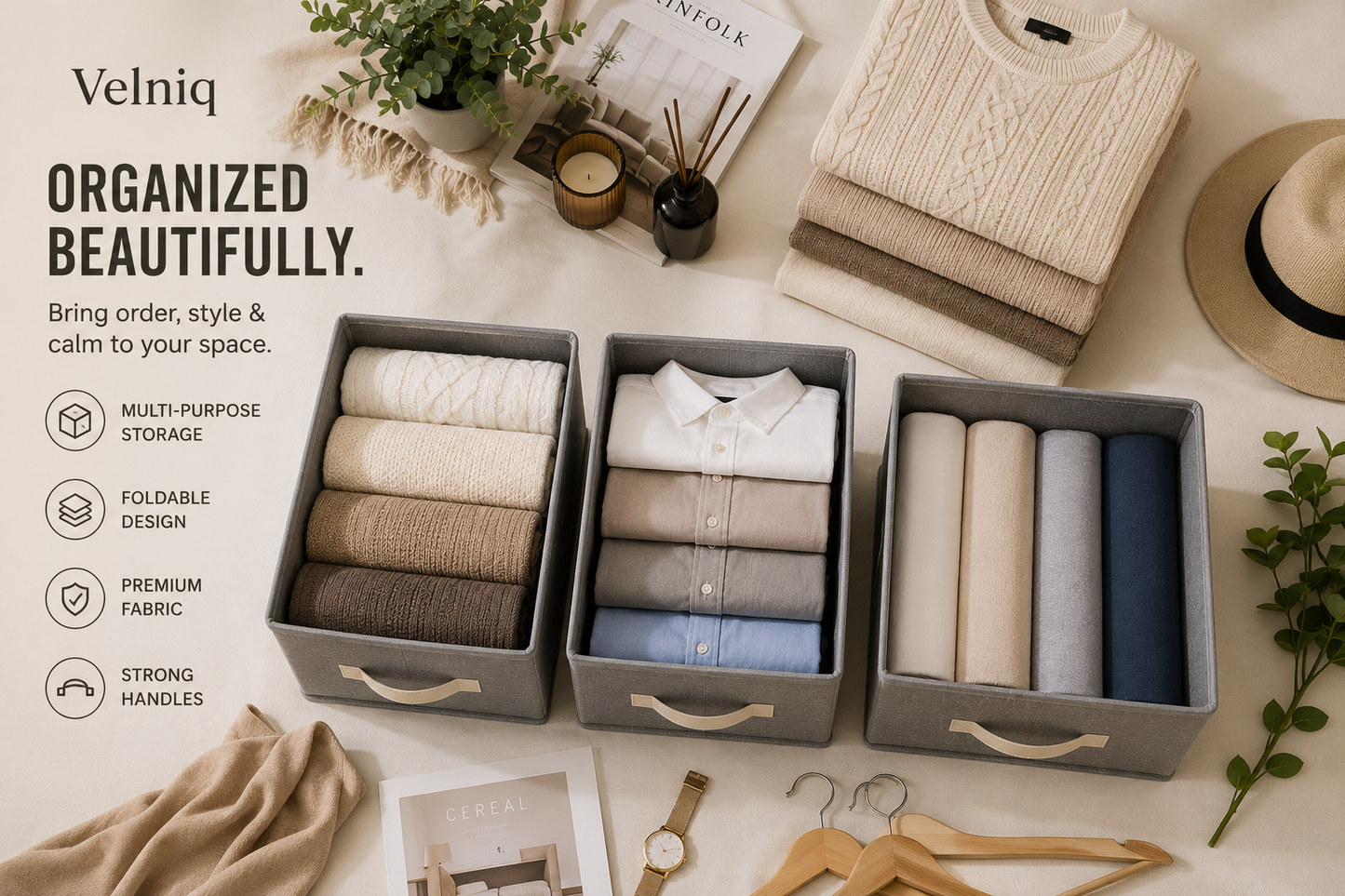 Foldable Closet & Wardrobe Storage Boxes with Lid & Handles (Set of 3)