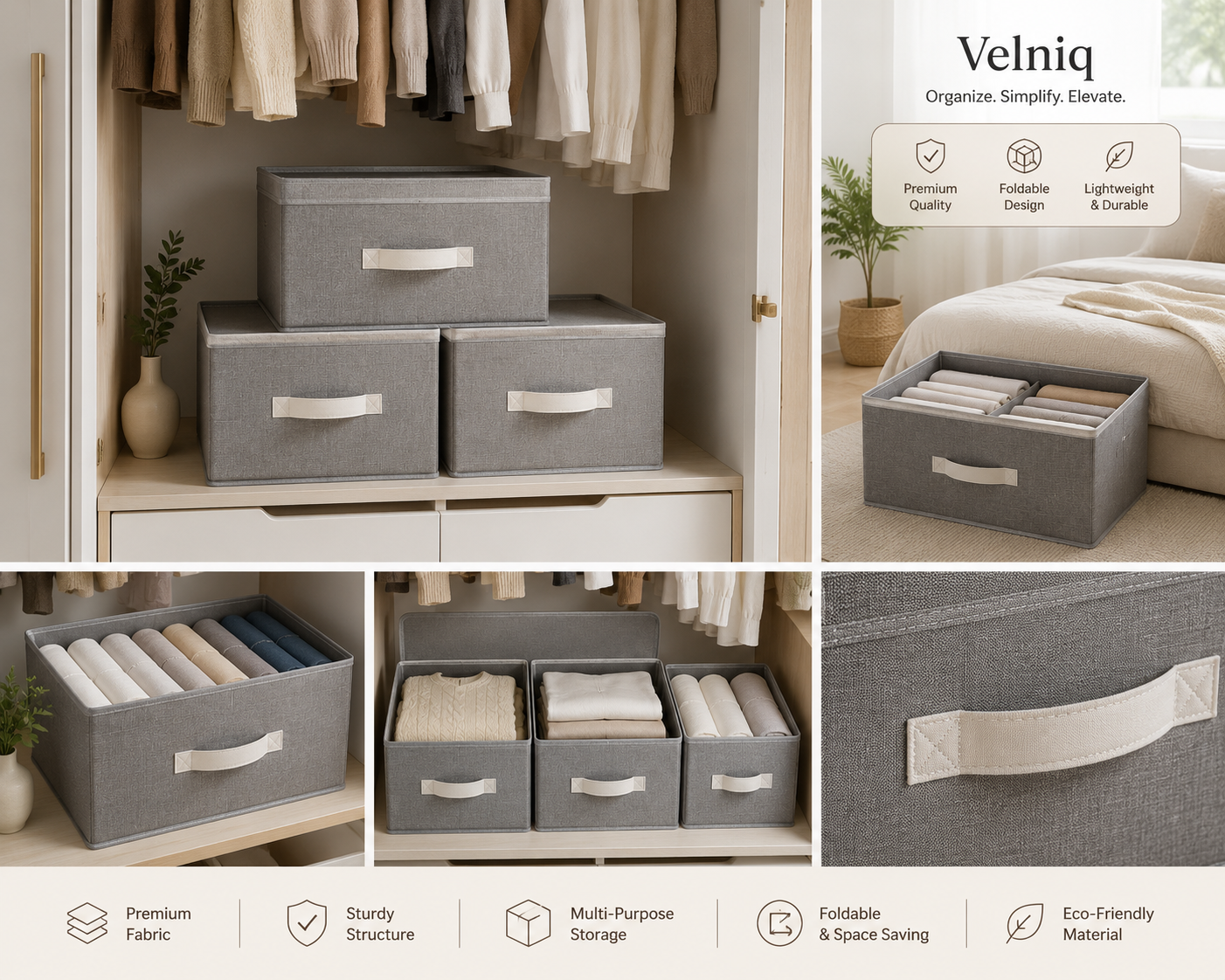 Foldable Closet & Wardrobe Storage Boxes with Lid & Handles (Set of 3)